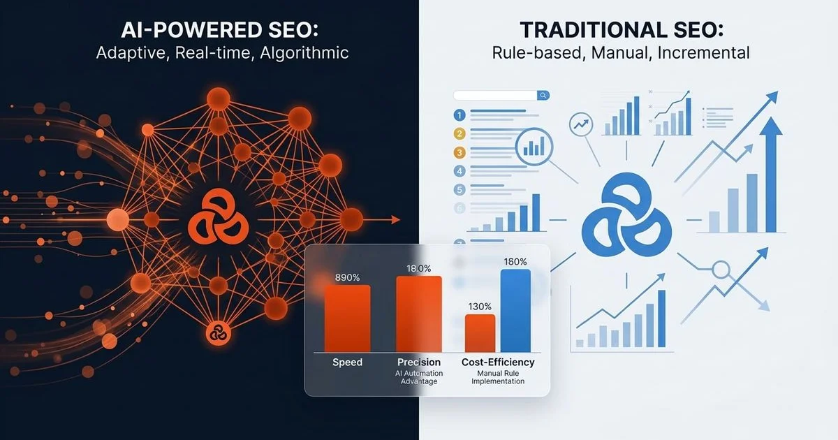 Comparison chart showing the key differences between AI SEO and traditional SEO optimisation strategies