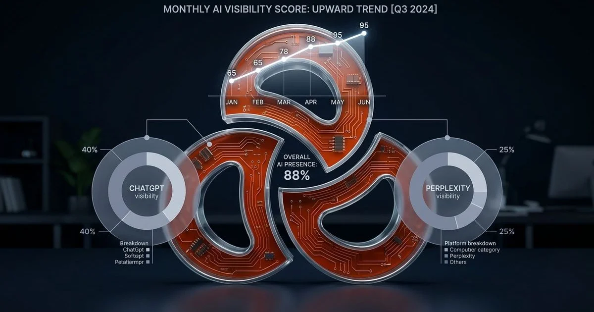 AI visibility monthly report displaying score trends, platform breakdown charts, and competitive analysis