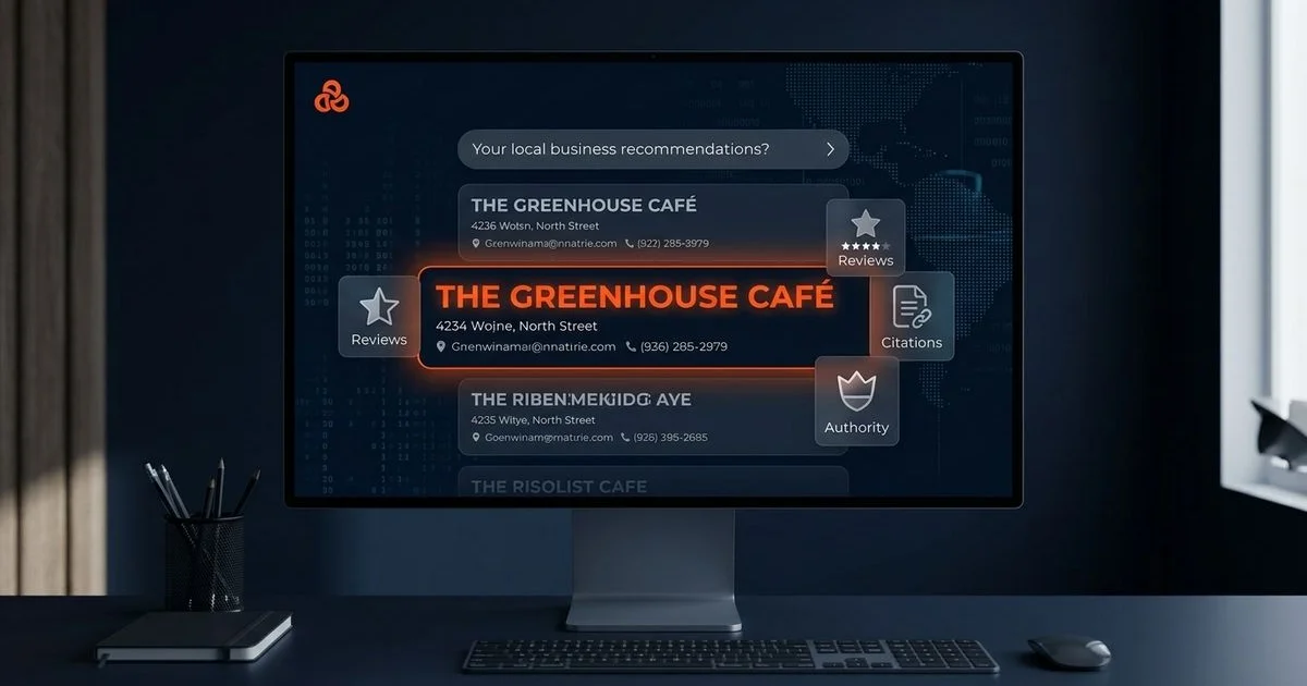 Illustration showing how ChatGPT recommends local businesses based on entity data, reviews, and authority signals