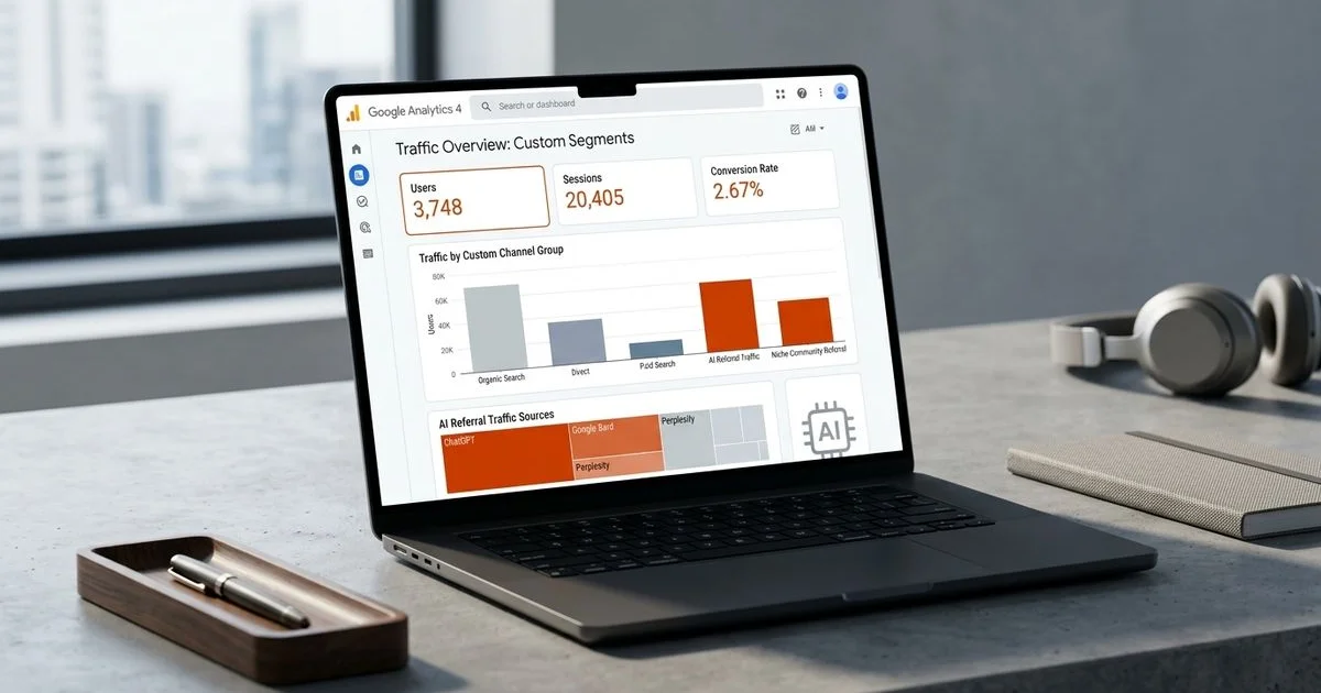 Google Analytics 4 dashboard showing AI referral traffic tracking setup with custom channel groups for ChatGPT and Perplexity