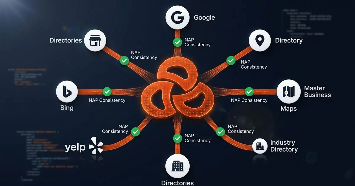 Entity management diagram showing synchronised business data across multiple directories and platforms
