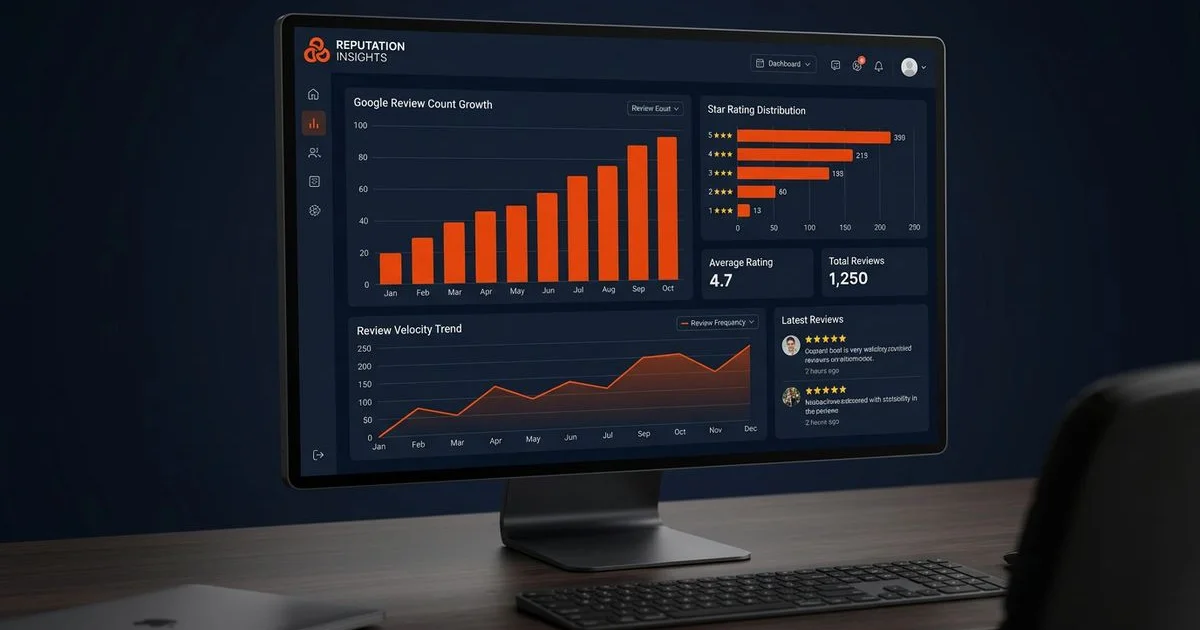 Review building dashboard showing growth in Google reviews and five-star ratings over time