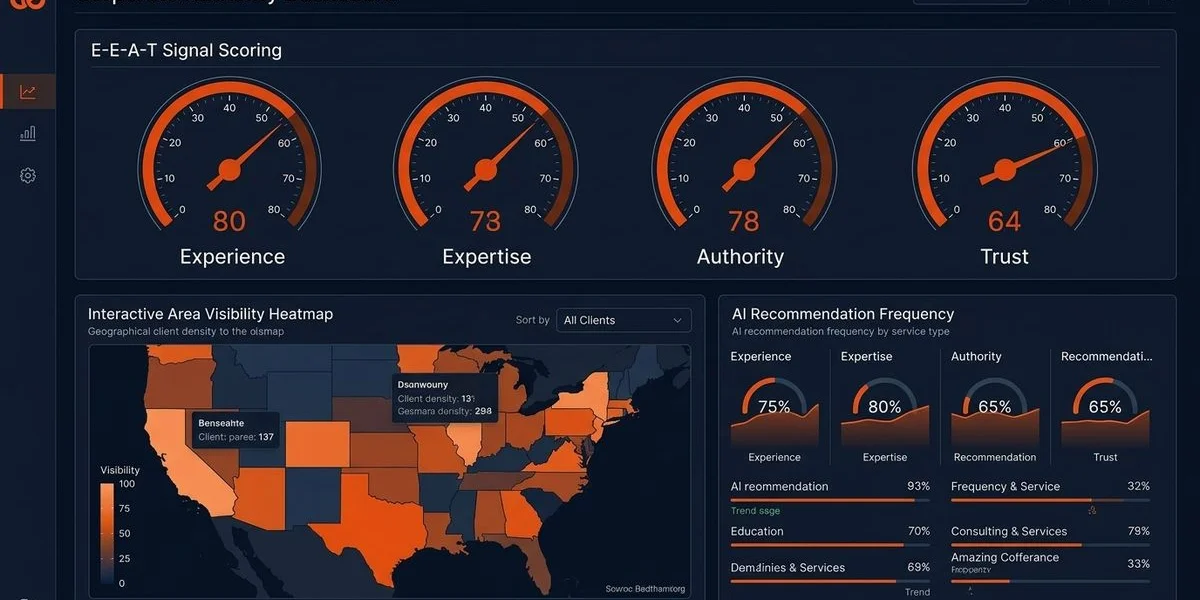 AI SEO authority dashboard for professional services showing E-E-A-T signal strength and practice area visibility across AI platforms