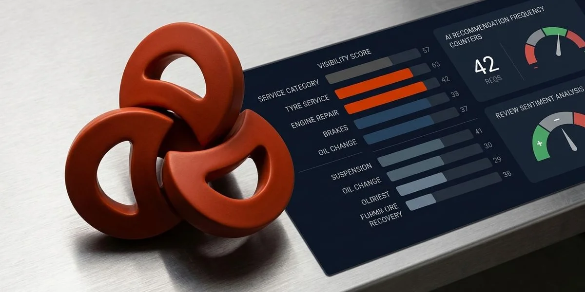 AI SEO dashboard for automotive workshops showing service category visibility across ChatGPT and review sentiment analysis