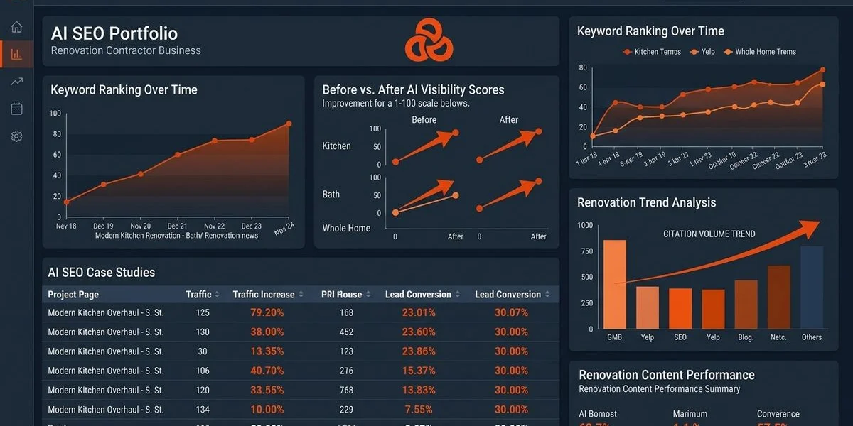 AI SEO portfolio optimization dashboard for renovation contractors showing case study performance and lead attribution in Malaysia