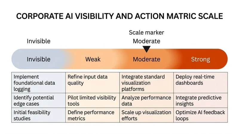 AI visibility scoring chart showing different levels from invisible to strong with recommended actions for each level