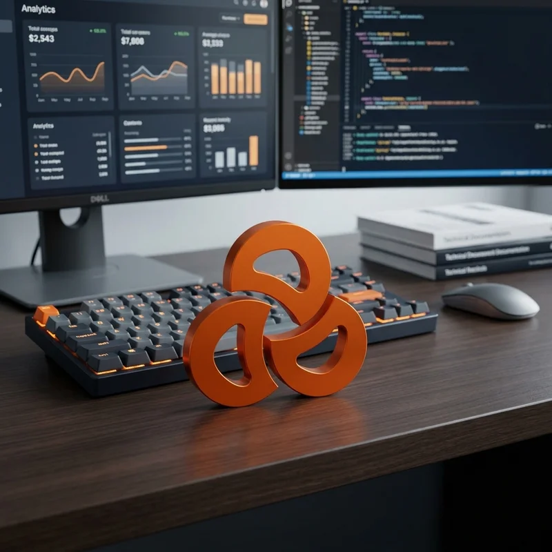 Technical workspace with analytics dashboards and development environment