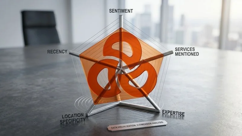 Diagram showing the five dimensions of review data that AI platforms analyse for business recommendations