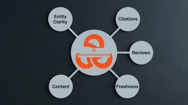 Diagram showing the five key factors that influence ChatGPT business recommendations including entity clarity and review sentiment