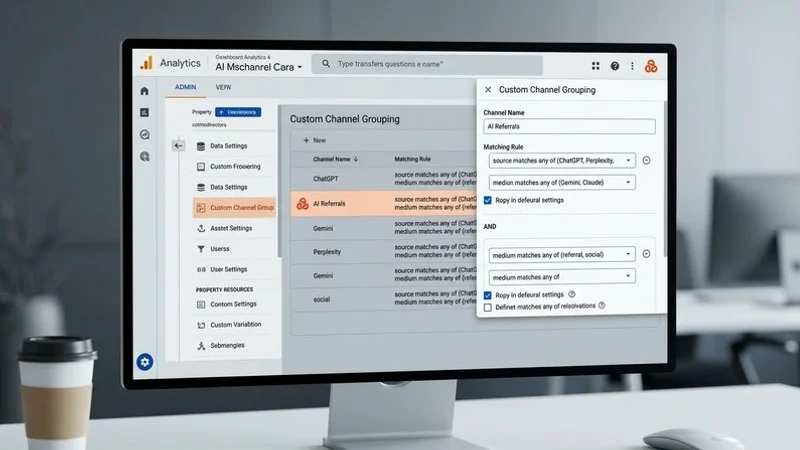 Screenshot of GA4 custom channel group setup with AI Referrals channel configuration