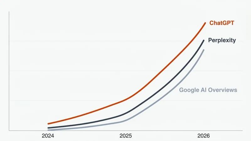 Chart showing the growth of AI search platform adoption from 2024 to 2026 across major platforms