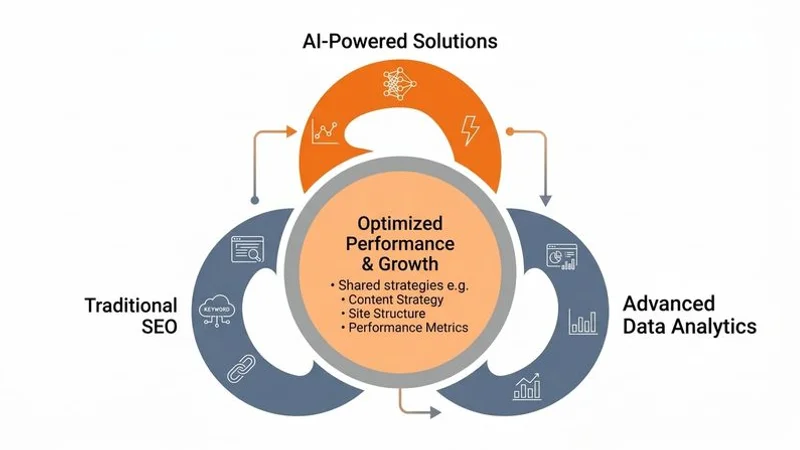 Infographic showing the overlap and differences between traditional SEO and AI SEO strategies